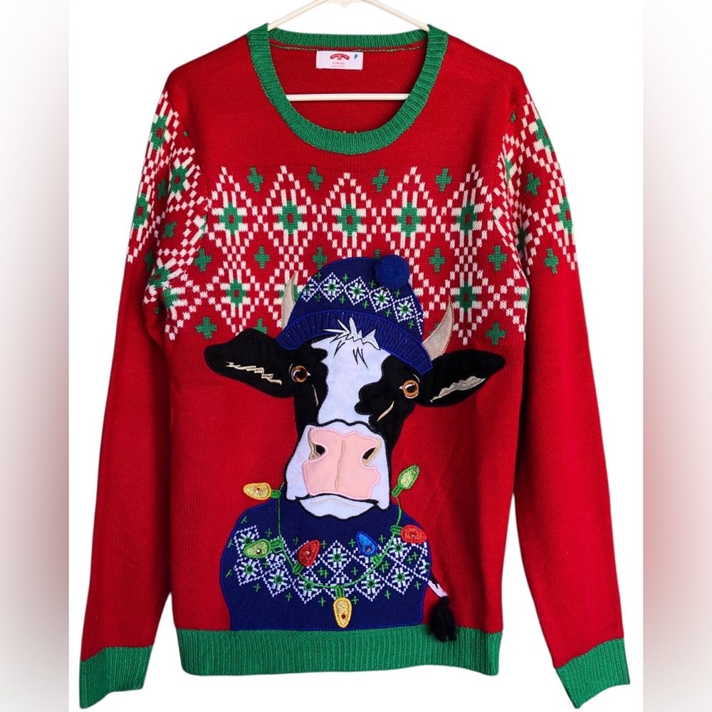 Ugly Christmas Sweater Cow Design Lights Up.Unisex Size Medium Red,Blue,Green.